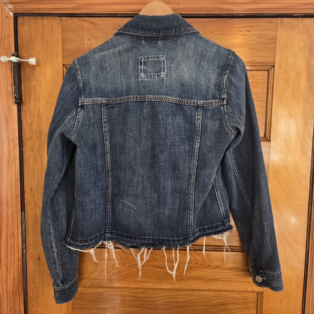 Abercrombie & Fitch Jean Jacket Womens Size S Blue Dark Wash Frayed Hem Buttons - Picture 7 of 11